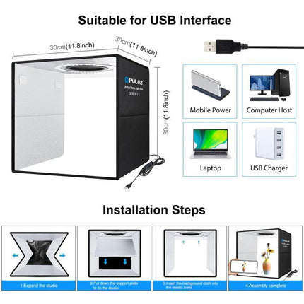 PULUZ 30cm Folding Photo Box for Product Shooting with Backdrops compact foldable studio showing USB LED, dimensions, and installation steps