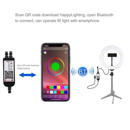 PULUZ LED Ring Light for Everyday Video and Photo Use showing smartphone app, QR code, Bluetooth connection and tripod setup