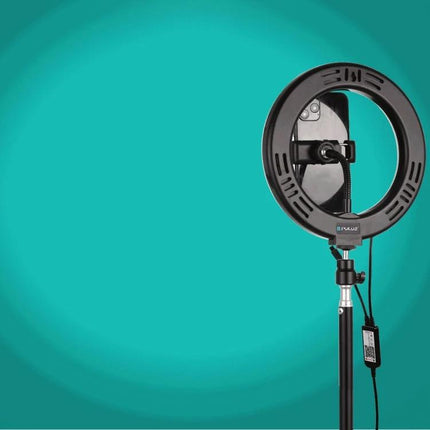 PULUZ LED Ring Light for Everyday Video and Photo Use mounted on a tripod against teal background