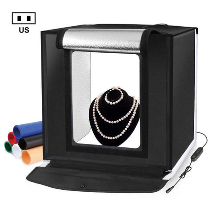 PULUZ 40cm Folding Portable Photo Studio Tent for Smartphone Use showcasing jewelry on black bust with removable backdrops and LED lighting