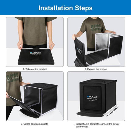 PULUZ 40cm Folding Portable Photo Studio Tent for Smartphone Use showing step-by-step installation with folded case, expanding panels and completed cube