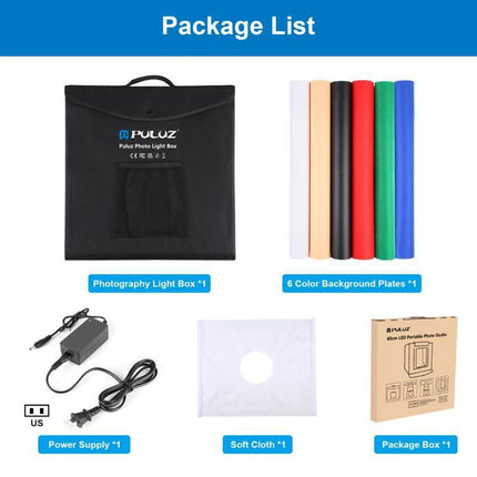 PULUZ 40cm Folding Portable Photo Studio Tent for Smartphone Use showing package list with light box, 6 background rolls, power supply, soft cloth and box