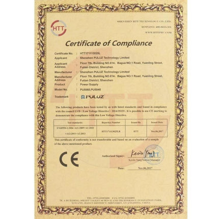 PULUZ 40cm Folding Portable Photo Studio Tent for Smartphone Use certificate of compliance document showing CE and company details