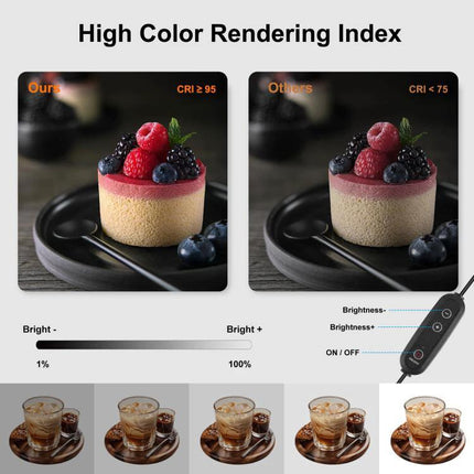 PULUZ 40cm Folding Portable Photo Studio Tent for Smartphone Use showing high color rendering comparison and brightness control for product shots
