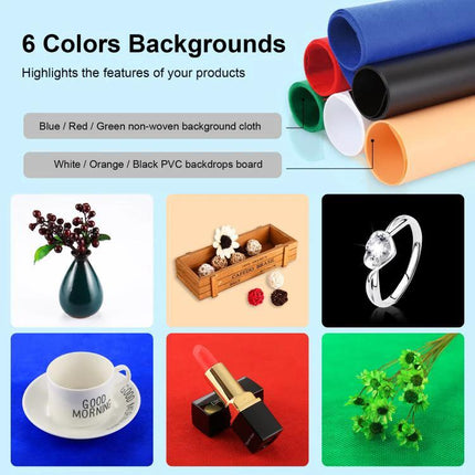 PULUZ 40cm Folding Portable Photo Studio Tent for Smartphone Use showing six background colors and sample product shots