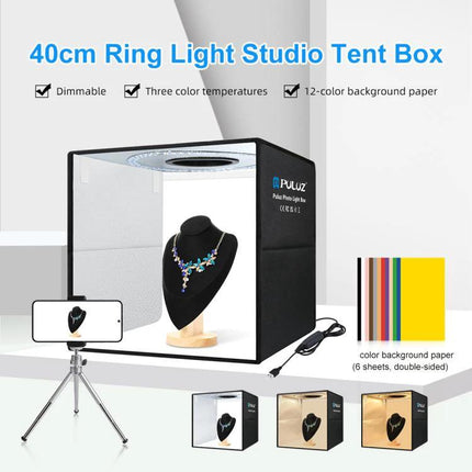 PULUZ 40cm Folding Portable Photo Light Box for Studio Use - portable folding light box with ring light, backgrounds, ideal for jewelry and e-commerce photos