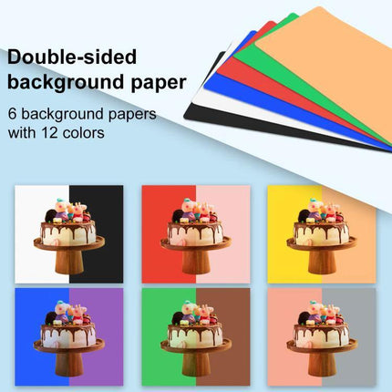 PULUZ 40cm Folding Portable Photo Light Box for Studio Use showing double-sided background papers with 12 colors and sample cake product shots