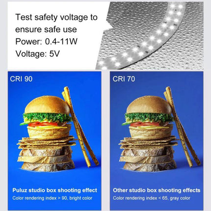 PULUZ 40cm Folding Portable Photo Light Box for Studio Use showing CRI 90 vs CRI 70 lighting effects on food photography, 5V power specs