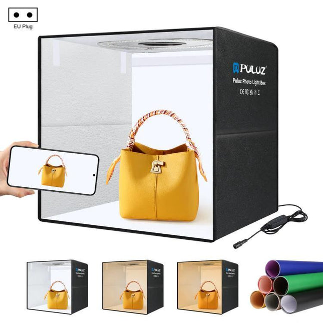 PULUZ 50cm Folding Portable Photo Light Box for Photography with yellow handbag inside and foldable LED lighting setup