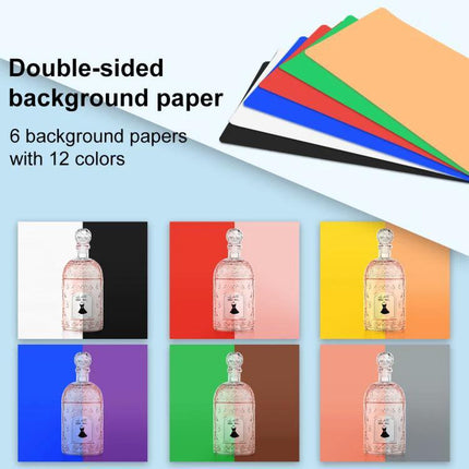 PULUZ 50cm Folding Portable Photo Light Box for Photography showing 12 double-sided background colors with sample product shots