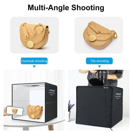PULUZ 50cm Folding Portable Photo Light Box for Photography showing multi-angle shooting with handbag, overhead and tilt views