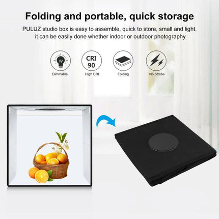 PULUZ 50cm Folding Portable Photo Light Box for Photography showing folded kit and assembled box with fruit still life