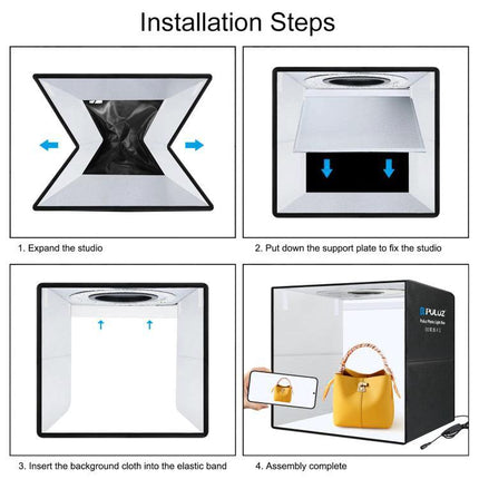 PULUZ 50cm Folding Portable Photo Light Box for Photography showing installation steps and assembled studio with handbag