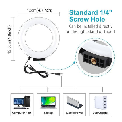 PULUZ Ring Light for Daily Selfies and Video Chats showing 12.5cm ring, 1/4" screw hole, USB cable and compatible with PC, laptop, power bank, USB charger