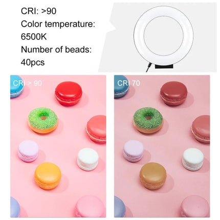 PULUZ Ring Light for Daily Selfies and Video Chats showing 6500K, CRI>90, 40 LED beads with comparison photos of macaron colors