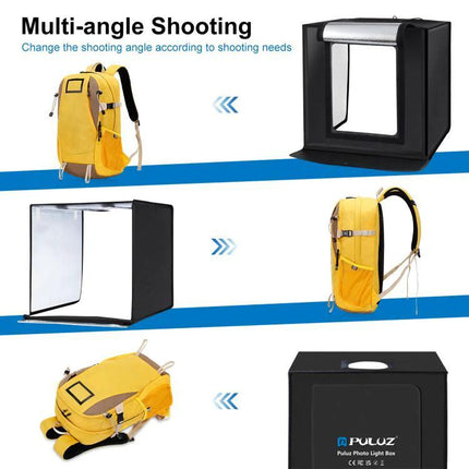 PULUZ Portable Photo Studio Light Box, 60 cm Cube showing multi-angle product photography with backpack inside, neutral background for small items