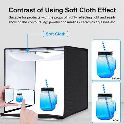 PULUZ Portable Photo Studio Light Box, 60 cm Cube showing soft cloth lighting effect with jar photographed before and after