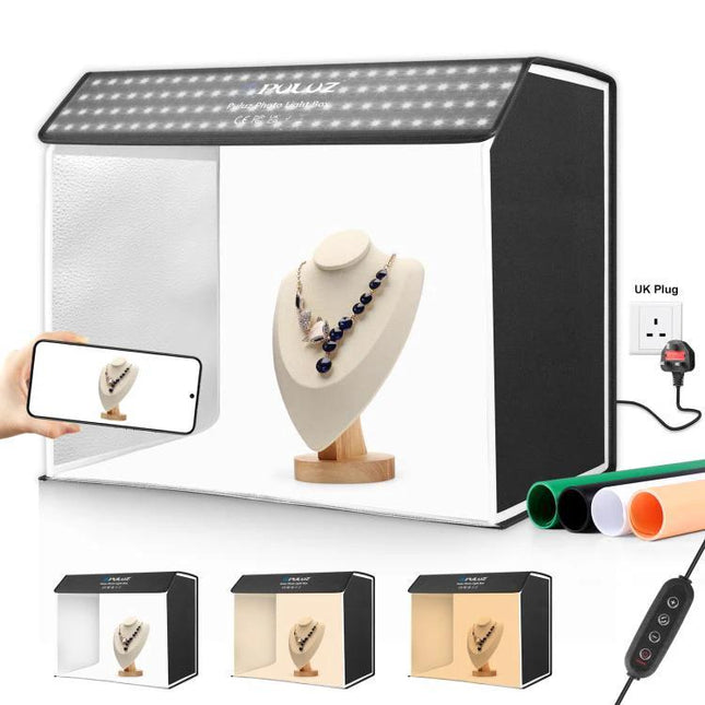 Alt Tag: PULUZ Portable Photo Studio Light Box for Smartphone Shots showing jewelry shoot with smartphone and adjustable LED lighting