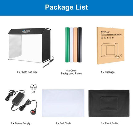 PULUZ Portable Photo Studio Light Box for Smartphone Shots showing photo soft box, 4 background rolls, power supply, soft cloth and packaging