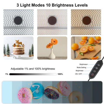 PULUZ Portable Photo Studio Light Box for Smartphone Shots showing 3 light modes, 10 brightness levels, and sample product photos