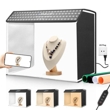 PULUZ Portable Photo Studio Light Box for Smartphone Shots showing jewelry on mannequin with smartphone capturing image