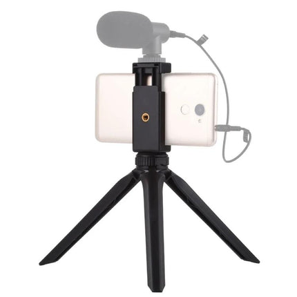 PULUZ Pocket Mini Plastic Tripod with Smartphone Clamp holding phone and external microphone for vlogging and stable shots