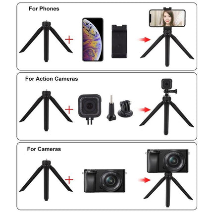 PULUZ Pocket Mini Plastic Tripod with Smartphone Clamp shown mounting phones, action cameras and compact cameras for vlogging and travel