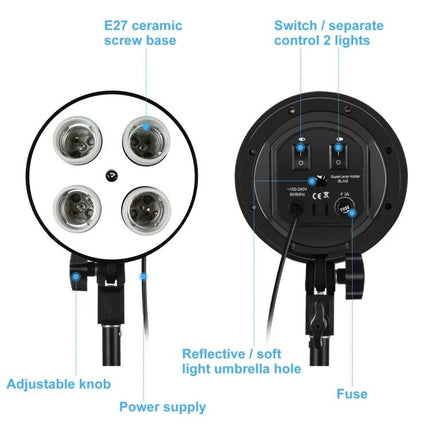 PULUZ Softbox and LED Light Kit for Studio Photography - front and back view showing 4 E27 sockets, switches, power supply, adjustable knob and reflective umbrella hole