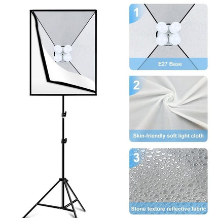 PULUZ Softbox and LED Light Kit for Studio Photography 50x70cm softbox on stand with E27 bulbs, soft diffuser cloth and reflective fabric