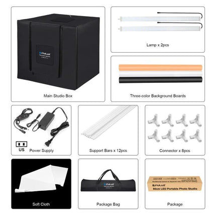 PULUZ 80cm Folding Photo Studio Tent with Color Backdrops showing kit components, lamps, support bars, three color backdrops and carrying bag