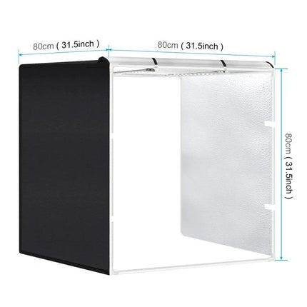 PULUZ 80cm Folding Photo Studio Tent with Color Backdrops showing folded black exterior and white interior with measurements