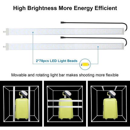 PULUZ 80cm Folding Photo Studio Tent with Color Backdrops showing LED light bars and movable rotating lights for even product illumination