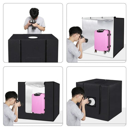 PULUZ 80cm Folding Photo Studio Tent with Color Backdrops showing smartphone photographer shooting a pink suitcase in different angles, portable folding lightbox