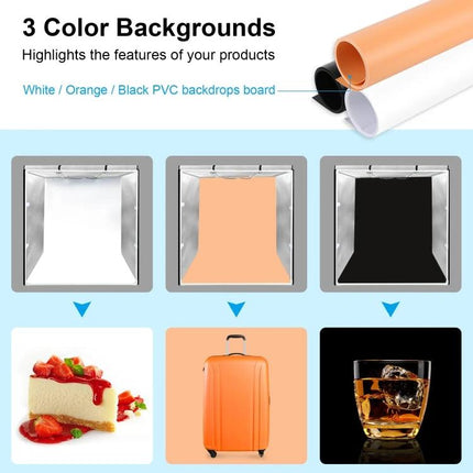PULUZ 80cm Folding Photo Studio Tent with Color Backdrops showing white, orange, and black backdrop uses for product shots