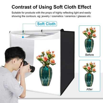 PULUZ 80cm Folding Photo Studio Tent with Color Backdrops showing a photographer shooting a vase to demonstrate soft cloth lighting before and after