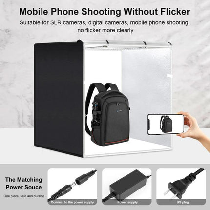 PULUZ 80cm Folding Photo Studio Tent with Color Backdrops showing backpack inside studio and smartphone shooting setup