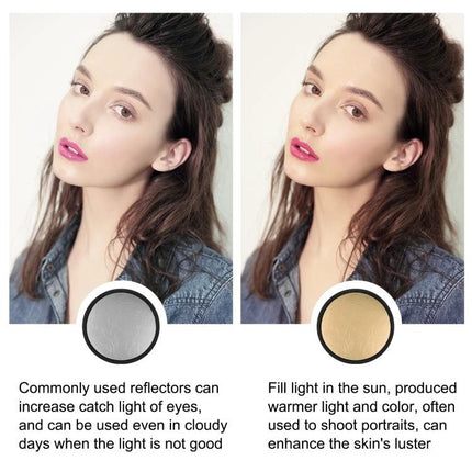 PULUZ 30cm Folding Reflector with Silver and Gold Surfaces for Photography showing portrait lighting with silver for highlights and gold for warm skin tones