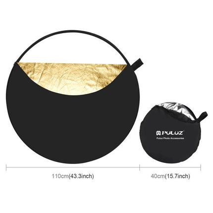 PULUZ 110cm 5-in-1 Multi-Surface Photo Reflector Board showing gold surface and carry case, collapsible 110cm reflector for portrait and fill lighting
