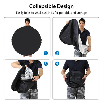 PULUZ 110cm 5-in-1 Multi-Surface Photo Reflector Board shown collapsible and folding in four-step portable storage demonstration