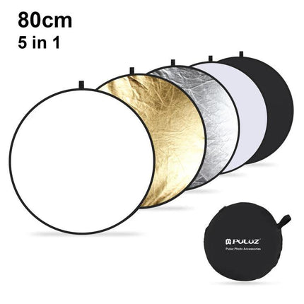 PULUZ 80cm 5-in-1 Folding Reflector Board for Photography showing white, gold, silver, translucent, and black surfaces with carrying case
