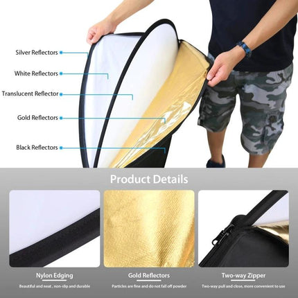 PULUZ 80cm 5-in-1 Folding Reflector Board for Photography showing gold, silver, white, translucent and black surfaces with nylon edging and zipper