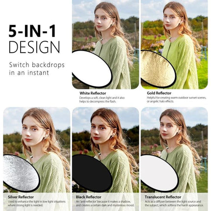 PULUZ 80cm 5-in-1 Folding Reflector Board for Photography demonstrating white, gold, silver, black and translucent surfaces on outdoor portrait