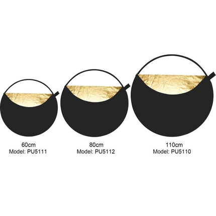PULUZ 80cm 5-in-1 Folding Reflector Board for Photography showing gold surface and sizes 60cm 80cm 110cm