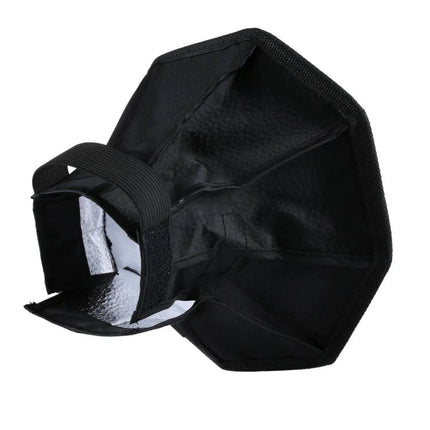 PULUZ 20cm Octangle Foldable Softbox for Flash Photography attached to speedlight showing octagonal black diffuser interior