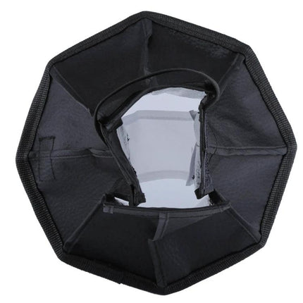 PULUZ 20cm Octangle Foldable Softbox for Flash Photography attached to speedlight showing octagonal black diffuser interior