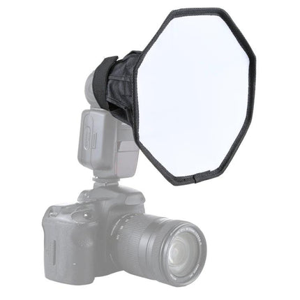PULUZ 20cm Octangle Foldable Softbox for Flash Photography attached to on-camera flash for softer portrait and product lighting