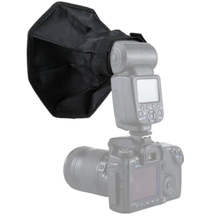 PULUZ 20cm Octangle Foldable Softbox for Flash Photography attached to on-camera speedlight for softer portrait and product lighting
