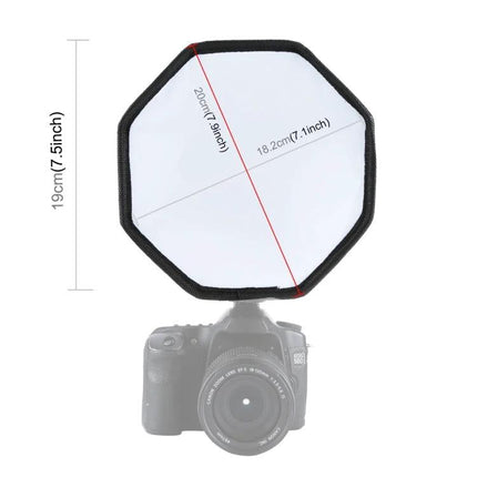 PULUZ 20cm Octangle Foldable Softbox for Flash Photography mounted on DSLR showing dimensions and octagonal diffuser