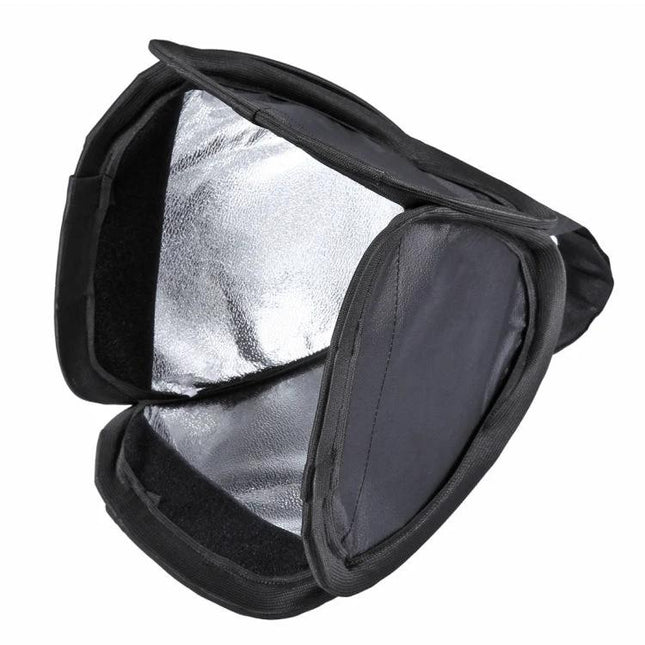 PULUZ Foldable Softbox Cover for Even Light Diffusion in Photos showing black external flash softbox open with reflective interior