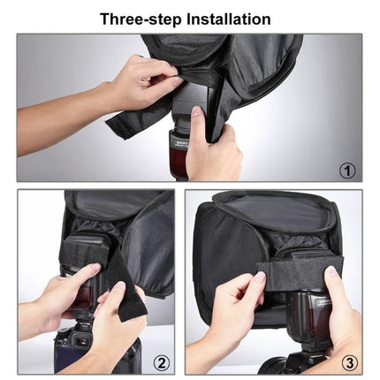 PULUZ Foldable Softbox Cover for Even Light Diffusion in Photos showing three-step installation on external flash